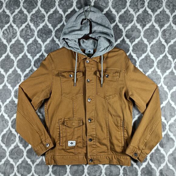 LRG Jacket Mens Medium Brown Tan Denim Hooded Button Up Lifted Research Group - Picture 1 of 11